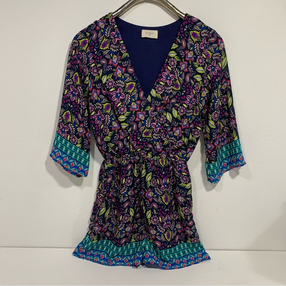 Everly Floral shorts Romper 3/4 Sleeve Navy Blue Pink Wrap Anthropologie